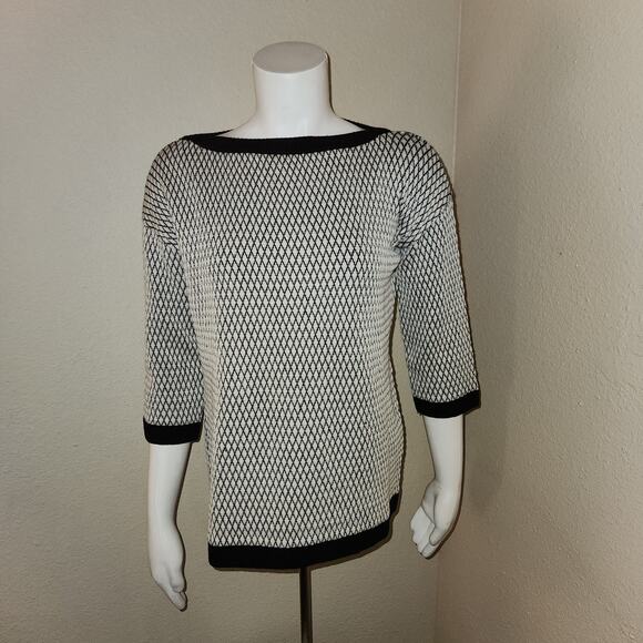 St. John 3/4 Sleeve Wool Blend Boat neck black and white diamond print sweater - Picture 1 of 6